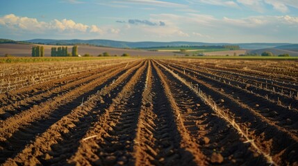 Poster - Agricultural field with eco friendly farming concept and traces of machinery on the ground