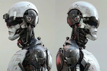 Poster - Detailed image of a robotic head with complex mechanical design and battle scars