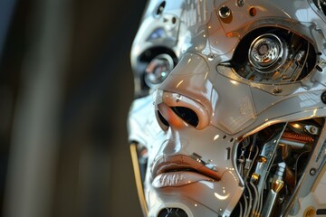 Sticker - Closeup of a sophisticated futuristic humanoid robot face with intricate mechanical details and advanced artificial intelligence technology