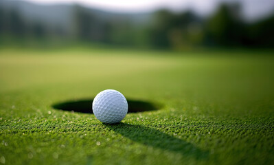 A white golf ball is very close almost entering the green hole on a green grass course.