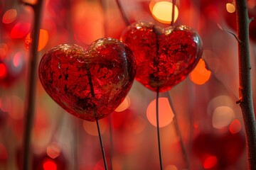 Poster - Two heartshaped decorations against a dreamy red bokeh light backdrop