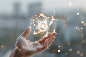 Wall Mural - hand holding glowing atom. physics, science, quantum mechanics, nuclear energy and power concept.