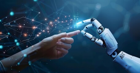 Wall Mural - white ai cyborg hand touches a human hand. artificial intelligence and human connection. futuristic 
