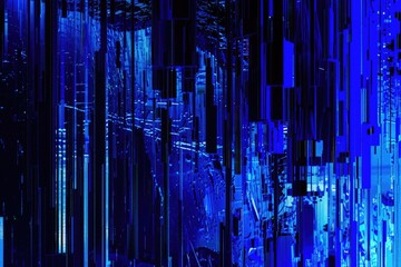 Poster - A person standing in front of a large wall of blue lights, possibly at an event or display