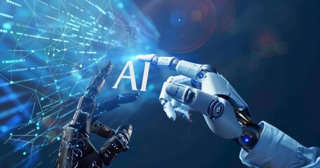 Wall Mural - white and black ai cyborg hand touching. artificial intelligence and human connection. futuristic te