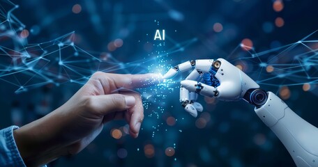Wall Mural - white ai cyborg hand touches a human hand. artificial intelligence and human connection. futuristic 