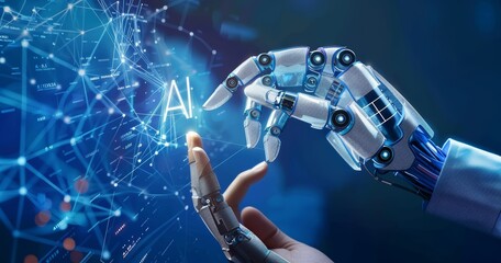 Wall Mural - white ai cyborg hand touches a human hand. artificial intelligence and human connection. futuristic 
