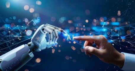 Wall Mural - white ai cyborg hand touches a human hand. artificial intelligence and human connection. futuristic 