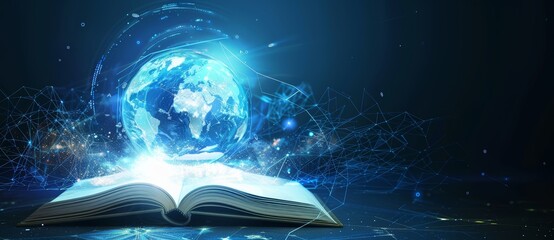 Wall Mural - an open book with a blue glowing globe above it symbolizing the power of knowledge and education. wo