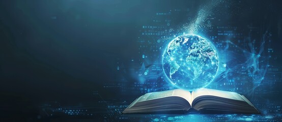 Wall Mural - an open book with a blue glowing globe above it symbolizing the power of knowledge and education. wo