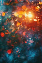 Poster - A beautiful scene with warm sunlight shining through the leaves of a tree