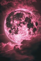 Aufkleber - A bright pink full moon shines through clouds in the night sky, with no additional context