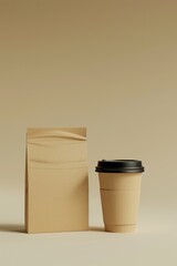 Poster - A cup of coffee sits next to a brown paper bag, perfect for a morning pick-me-up or as part of a cozy breakfast setup