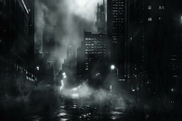 Poster - A black and white image capturing a foggy city street at night, illuminated by street lights