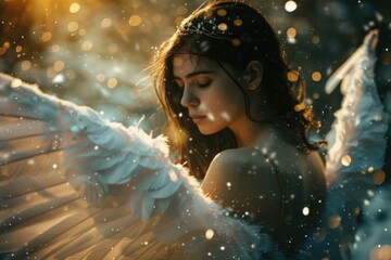 Aufkleber - A woman with angelic wings standing in a snowy environment, possibly for winter wonderland or Christmas themes
