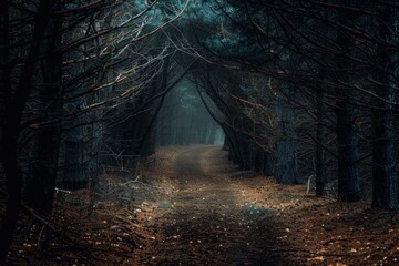 Wall Mural - Moody and atmospheric shot of a secluded path winding through a dark, dense forest at twilight