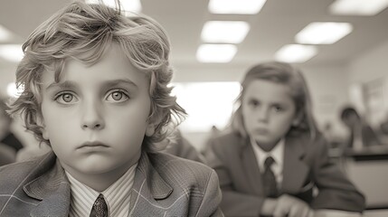 Wall Mural - Young children dressed as office workers in business suit - playing grown-up - serious expressions on their face  close-up shot - vintage feel - retro vibe 