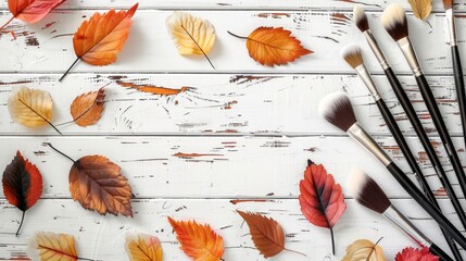 Canvas Print - Makeup Brushes Used for Drawing Decorative Autumn Leaves on a White Wooden Background