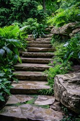 Poster - Steps leading up to a dense and vibrant green forest