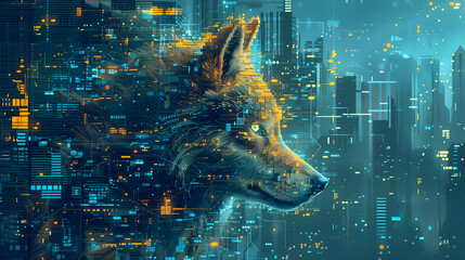 Wall Mural - Digital Wolf in a Futuristic City