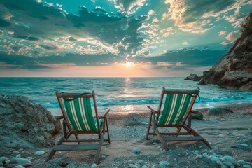 Sticker - Two empty striped deck chairs facing a breathtaking sunset over the ocean with dramatic skies and rocky shoreline