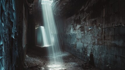 Poster - A dark passageway with a beam of light emerging from the distance, symbolizing hope and guidance
