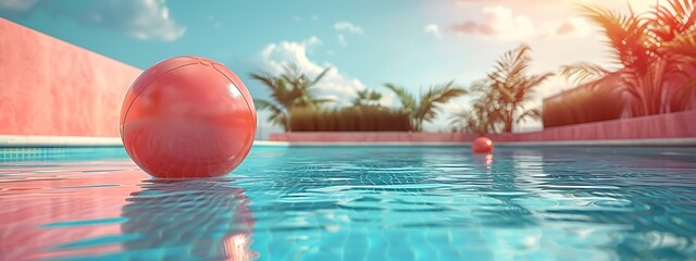 Wall Mural -  Summer holidays background with colorful beach ball floating on luxury swimming pool and copy space 