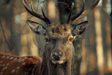 Poster - Closeup of a majestic stag with beautiful antlers, set against a blurred forest background