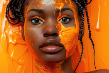 Fototapete - A person with vibrant orange facial design, great for festival or event stock photo