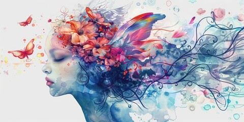 Poster - A portrait of a woman with flowers and butterflies in her hair, ideal for use on greeting cards or as a decorative image