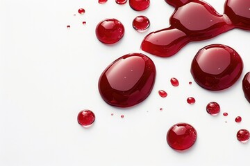 Poster - A close-up shot of a cluster of bright red liquid drops on a clean white surface, perfect for illustrating chemical reactions or medical concepts