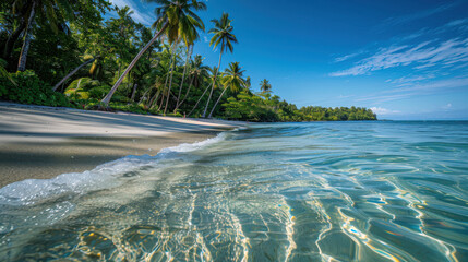 Wall Mural - A photograph of a tropical beach, clear turquoise water with rippling waves, sandy shore lined with lush green palm trees, bright blue sky