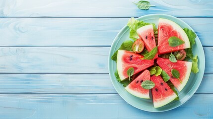 Top view of a plate of fresh sweet ripe watermelon slices on wooden table