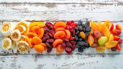 Wall Mural - Assorted dried fruits on a weathered white wooden table