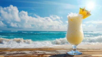 Wall Mural - Fresh pineapple juice drink with fruit at sandy beach with blue sea and bright sun