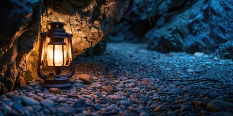 Sticker - A lantern lights the way on a rugged terrain, perfect for outdoor adventure or wilderness theme