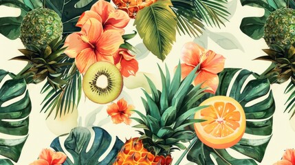 Wall Mural - Modern seamless tropical pattern design with kiwi pineapples flowers and watercolor effect for textile prints and fashion items