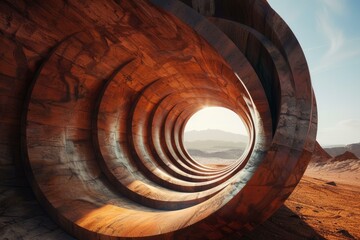 Sticker - The majestic and mesmerizing desert spiral architecture with wooden structures and contemporary circular design. Set against a scenic sunset landscape. Perfect for travel and tourism photography