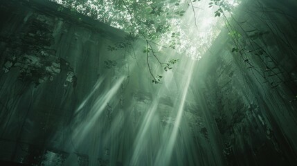 Poster - A serene scene of sunlight shining through tree branches in a forest environment, perfect for use as a background or to represent nature and tranquility