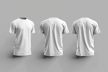 Three plain white shirts with one front view, and two back views. With a gray background.