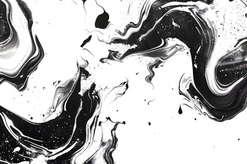 Wall Mural - Abstract black and white watercolor swirls with marbled effect on transparent background.