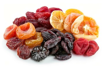 Sticker - Vibrant assorted dried fruits, including apricots, prunes, and raisins, isolated on white