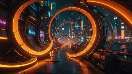 Wall Mural - Cyberpunk Cityscape with Glowing Rings.