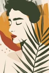 Poster - A woman sits with her eyes closed next to a palm leaf, suggesting relaxation and calmness