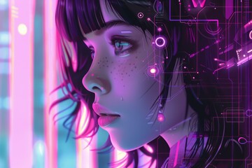 Poster - Digital artwork depicting a futuristic female with glowing circuit patterns