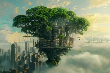 Wall Mural - Surreal artwork of a giant tree with an urban city built within, hovering over a modern cityscape