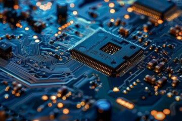 Poster - Closeup of a circuit board featuring integrated circuits and microchips, showcasing technology details