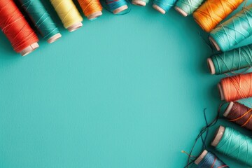 Poster - A circle of thread spools on a bright turquoise background