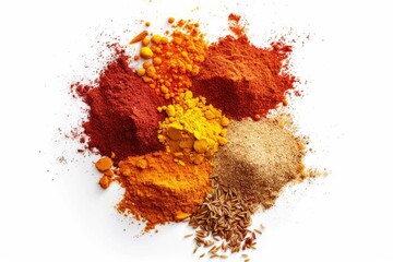 Poster - A stack of various spices on a clean white surface