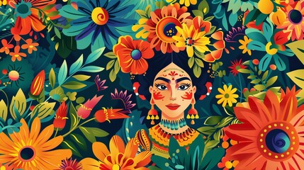 A striking illustration of a woman decorated with various colorful flowers, against a lush background of foliage and blossoms, illustrating beauty and nature.